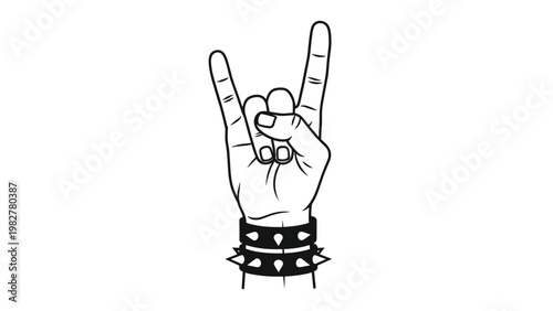 Hand making the rock and roll gesture wearing black leather spiked bracelets shown in a clean black and white line art vector illustration.