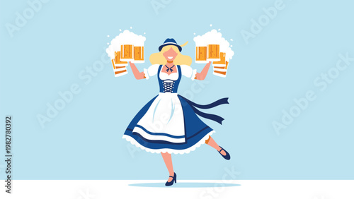 Cheerful woman in traditional bavarian dirndl dress holding several foaming beer mugs to celebrate oktoberfest festival on a blue background.