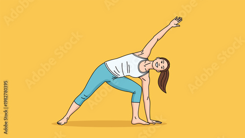 Happy young woman practicing triangle yoga pose for flexibility and body balance against a bright and solid yellow background illustration.