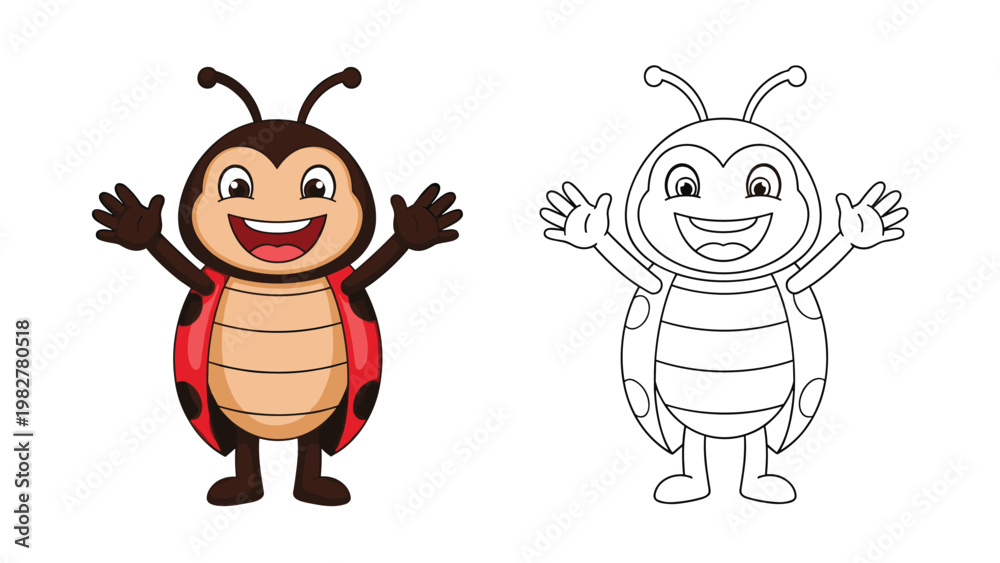 Fototapeta premium Cheerful cartoon ladybug character with open arms presented in both a colorful version and a black and white line art outline for coloring.
