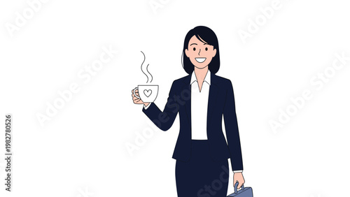 Professional business woman in a dark suit holding a hot cup of coffee and a briefcase while heading to her office in the morning.