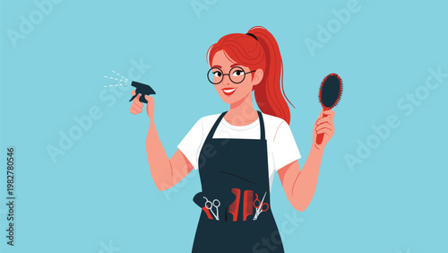 Friendly female hair stylist with red hair and glasses holding a water spray bottle and a hairbrush while wearing a black apron.