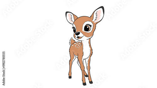 Sweet baby deer or fawn with large dark eyes standing and looking back over its shoulder in a clean and cute vector illustration.
