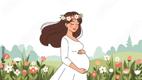 Peaceful pregnant woman in a white dress and floral crown walking through a beautiful field of colorful flowers under a bright sky.