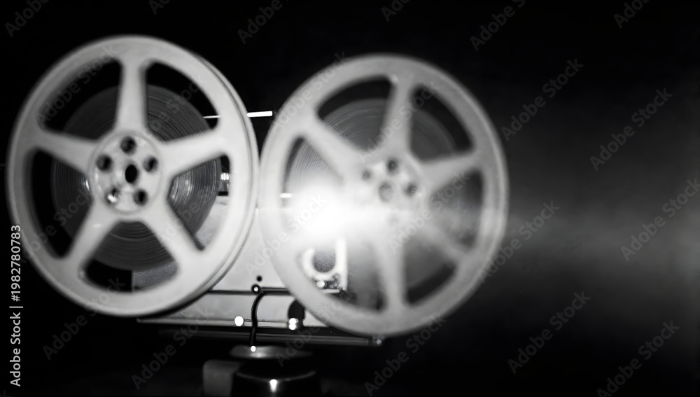 Fototapeta premium Vintage Movie Projector: A classic, vintage movie projector casts a bright beam of light, its reels of film spinning tales of bygone eras, creating a nostalgic atmosphere.