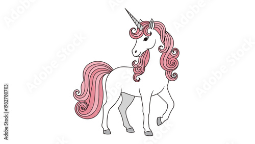 Beautiful white unicorn with a long spiral horn and a flowing pink mane and tail standing proudly in a magical vector illustration for kids.