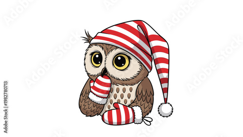 Cute owl wearing a red and white striped nightcap and matching mittens, looking shy with its wing tucked under its beak.