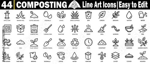 Composting line art icons set. Easy to edit, such as apple core, banana peel, coffee grounds, eggshells, leaves, grass clippings, bin green brown vector illustration.