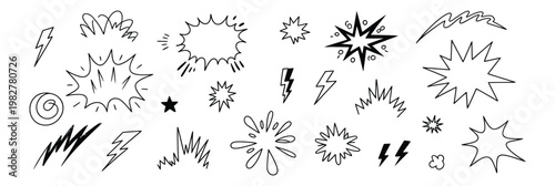 Hand drawn comic burst and lightning effect vector illustration set.