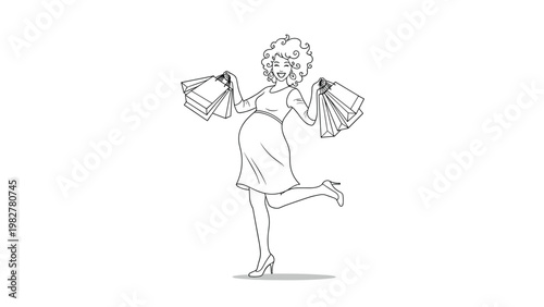 Happy pregnant woman with curly hair holding shopping bags while jumping for joy, depicted in a simple black and white line drawing.