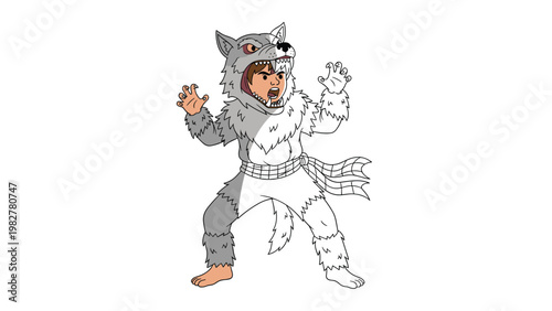 Boy dressed in a grey wolf costume with a hood and furry textures, shown in a colorized version and a black and white outline.
