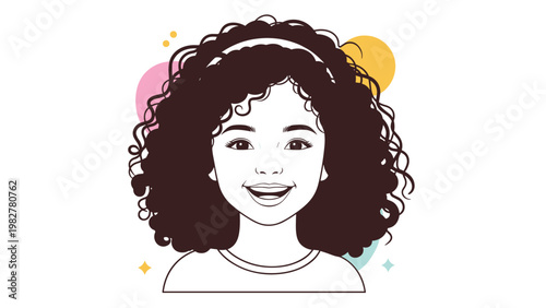 Portrait of a smiling young girl with voluminous dark curly hair and a headband, decorated with colorful circles in the background.