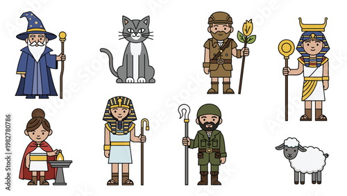 Collection of diverse fantasy characters and animals including a wizard, cat, explorer, pharaoh, goddess, and sheep in pixel art style.