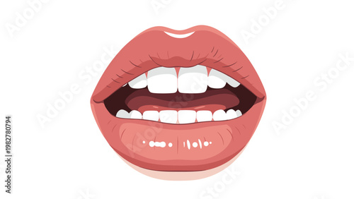 Close up of an open mouth with clean white teeth and pink lips, showing a healthy smile against a plain white background.