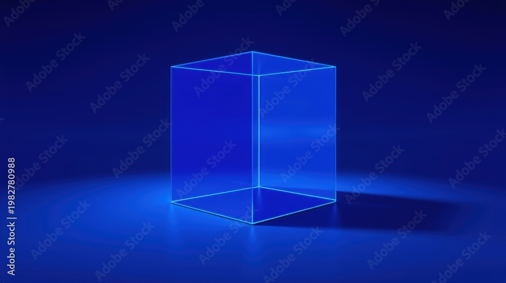 Fototapeta premium Glowing blue cube sits center stage. Dark background emphasizes luminosity, creating dramatic visual effect. Simple geometry, modern aesthetic.