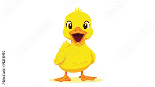 Adorable yellow duckling with large eyes and an open beak, standing on a white background in a friendly and cheerful pose.