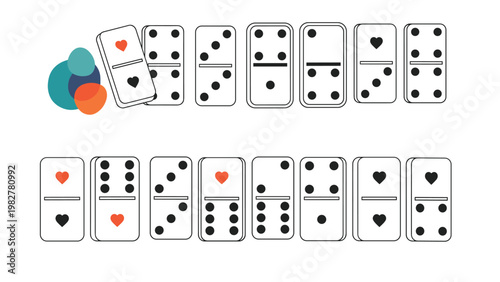 Two rows of white domino tiles with black dots and red hearts, featuring colorful abstract shapes in the upper left corner.