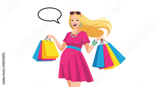Pregnant blonde woman in a pink dress holding many colorful shopping bags and a speech bubble while smiling happily.