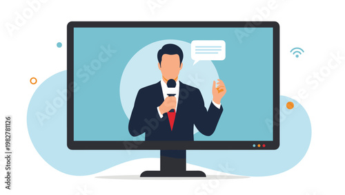 Male news anchor or reporter speaking into a microphone on a television screen with a speech bubble and icons in the background.