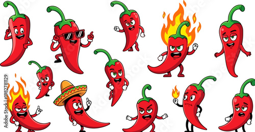 Cartoon red chili pepper mascot collection, spicy hot pepper characters with fire and sombrero, set of 11 funny vegetable vector illustrations
