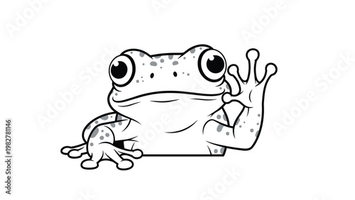 Cute cartoon tree frog peeking over an edge with one hand raised in a waving gesture black and white illustration.