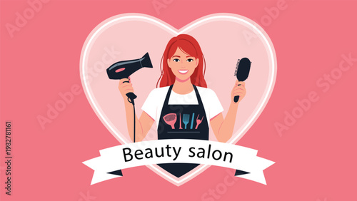 Smiling female hair stylist wearing a black apron and holding a blow dryer and brush inside a pink heart frame.