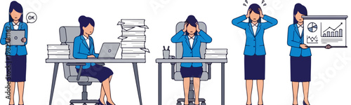 Stressed businesswoman character set, overworked office employee with paperwork and laptop, frustrated female professional in blue suit vector