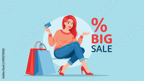 Fashionable woman with red hair sitting and holding a credit card during a big sale event with shopping bags.