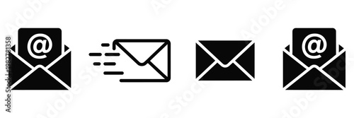 Email and message icon set, clean minimalist vector graphics featuring open and closed envelopes, sent and received mail indicators, and messaging symbols