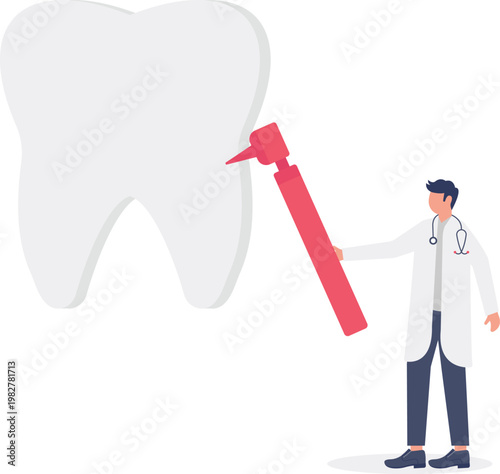 Dentist checking a giant tooth with a dental drill tool