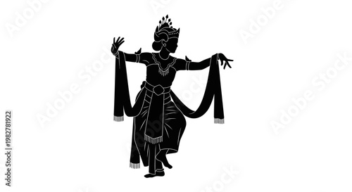 Dancer performs a traditional Balinese dance movement in a graceful silhouette against a stark white background.