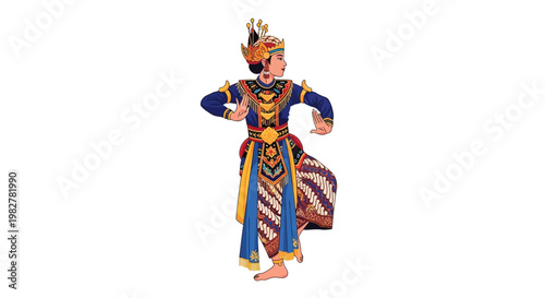 Dancer in a vibrant blue and gold traditional costume performs a stylized move against a plain white background.