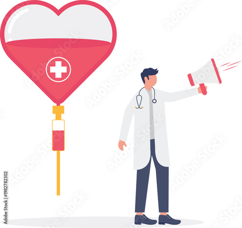 Doctor with a megaphone standing next to heart blood bag
