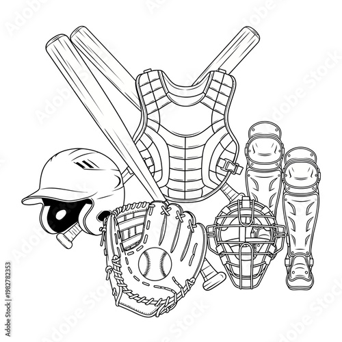 Baseball Catcher Gear Set: Helmet, Mask, Chest Protector, Mitt, Shin Guards, Bats