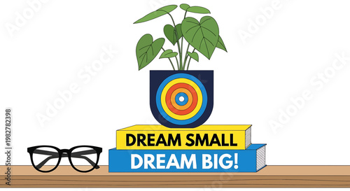 Inspirational illustration of potted plant on books with glasses