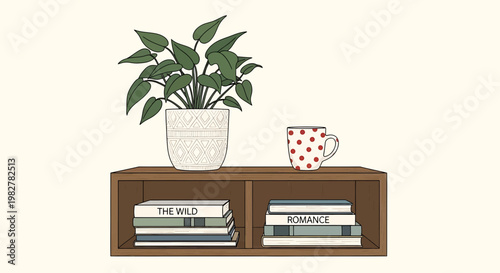 Illustration of a brown wooden shelf with books plant and mug on it