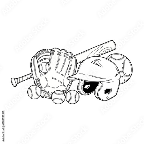 Baseball Equipment Collection: Bat, Glove, Helmet, and Balls - Sports Gear Illustration