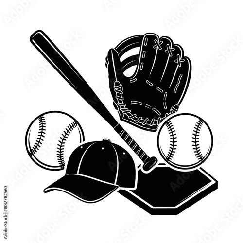 Baseball Equipment Icon Set: Bat, Glove, Ball, Cap, and Home Plate