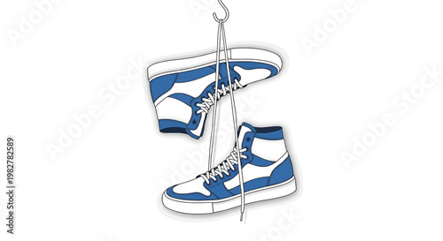 A pair of blue and white sneakers hanging from a hook