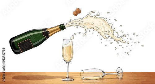 Champagne bottle pouring into a glass on a wooden table with another glass