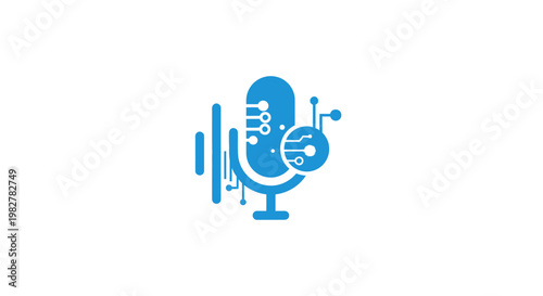 Blue microphone with sound waves.