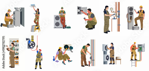 Set of diverse HVAC technicians performing various maintenance and repair tasks on air conditioning, heating, and plumbing systems in a minimalist flat style.