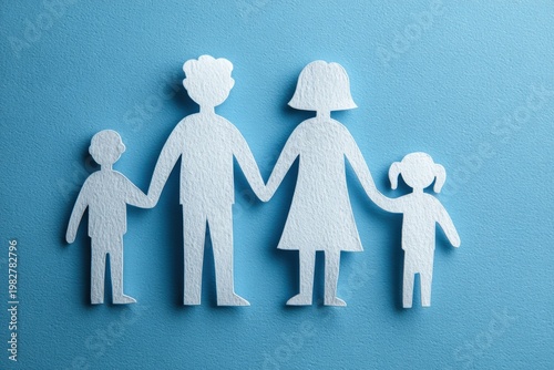 Paper cutout family figures holding hands against a blue background, representing unity and togetherness in a simple, minimalist design