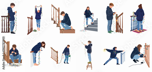 Set of illustrations featuring young people hanging festive fairy lights on a staircase railing, preparing for holiday celebrations.