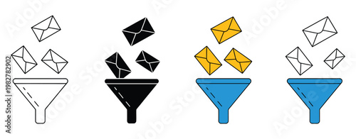 Email spam filtering and message sorting icon set, illustrating inbox protection, marketing control, and data organization in modern line and flat vector style for email security systems