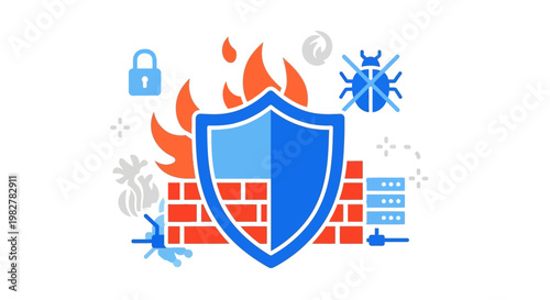 Blue Shield Icon Protecting Brick Wall.