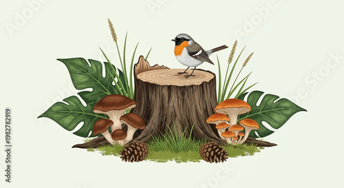 A bird perched on a tree stump surrounded by mushrooms and leaves in a forest