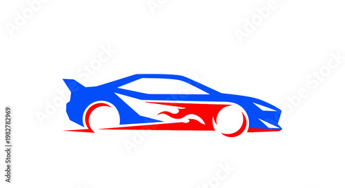 Blue sports car with flame design.