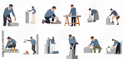 Set of diverse professional architects and engineers working with concrete blocks, architectural models, and measuring tools for construction and design projects.