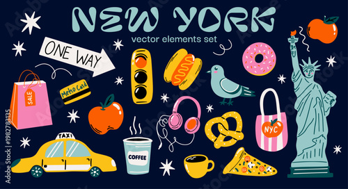 New York city aesthetic vector sticker elements set with illustration of NYC landmarks, Statue of Liberty, taxi, food and urban lifestyle icons for travel blog, poster design, branding